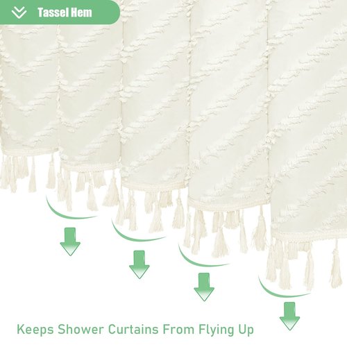 Dynamene Cream Boho Fabric Shower Curtain, Tufted Chevron Striped Tassel Textured Shower Curtain for Bathroom, Farmhouse Elegant Waterproof Minimalist Cloth Shower Curtain Set, 12 Hook, 72x72