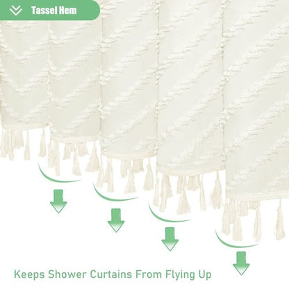 Dynamene Cream Boho Fabric Shower Curtain, Tufted Chevron Striped Tassel Textured Shower Curtain for Bathroom, Farmhouse Elegant Waterproof Minimalist Cloth Shower Curtain Set, 12 Hook, 72x72