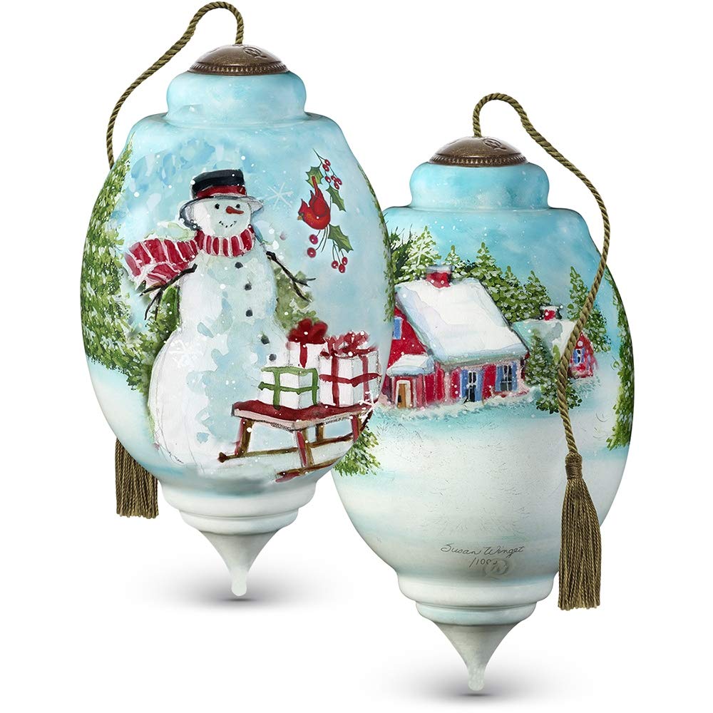 Ne'Qwa Limited Edition Wintery House and Snowman in Woods Ornament