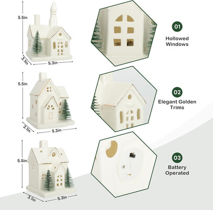 Skiennix White Ceramic Christmas Village Houses Set - 3 Light-Up Figurines with 4 Trees for Holiday Decor
