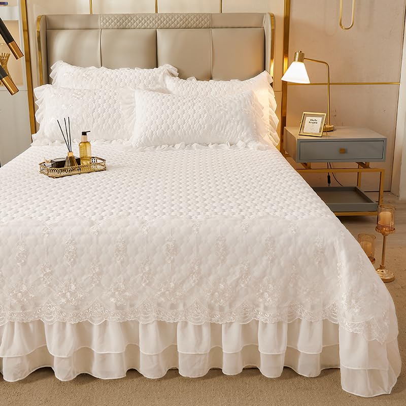 Queen White Plaid Quilted Bedspread with Ruffle Lace Decor