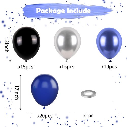 Blue & Black Balloons | Metallic Navy Blue & Silver Latex Balloons for Birthday Parties & Celebrations
