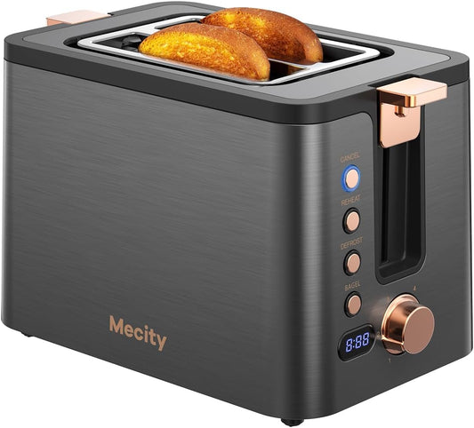 Mecity 2-Slice Stainless Steel Toaster - Extra Wide Slots, 6 Browning Settings, Timer & Warming Rack | Grey