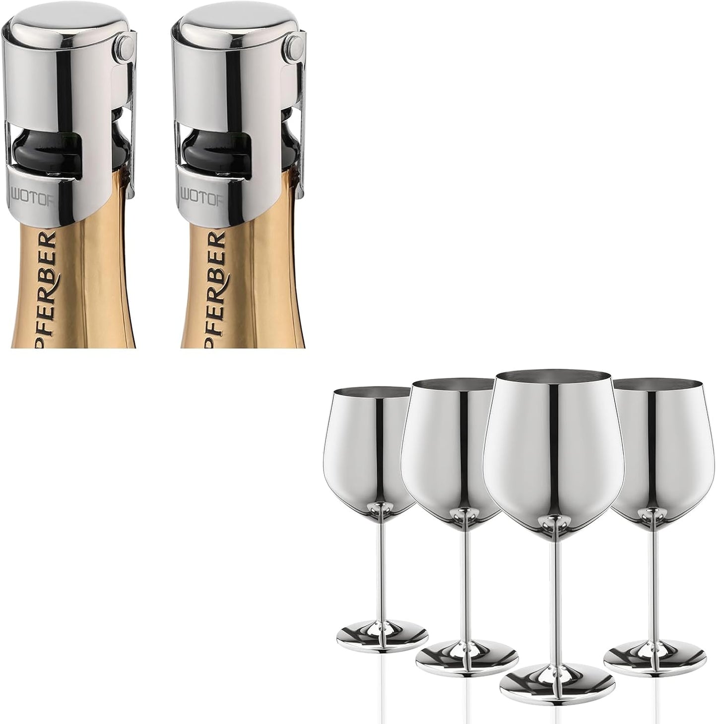 WOTOR Champagne Stoppers with Stainless Steel+Stainless Steel Wine Glasses Set of 4 (Silver)