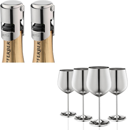 WOTOR Champagne Stoppers with Stainless Steel+Stainless Steel Wine Glasses Set of 4 (Silver)