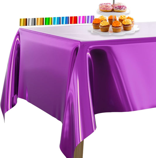PartyWoo Purple Foil Tablecloth - Waterproof Metallic Rectangle Cover | 54 x 108 Inch, 3 Pack for Events