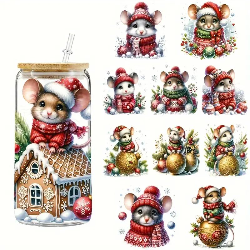 Christmas Mouse Bell Flower UV DTF Cup Wraps Waterproof Stickers for Glassware Crafts