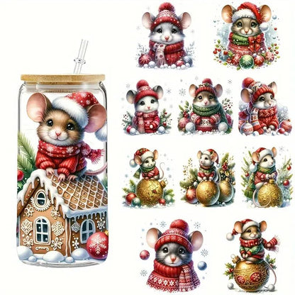Christmas Mouse Bell Flower UV DTF Cup Wraps Waterproof Stickers for Glassware Crafts