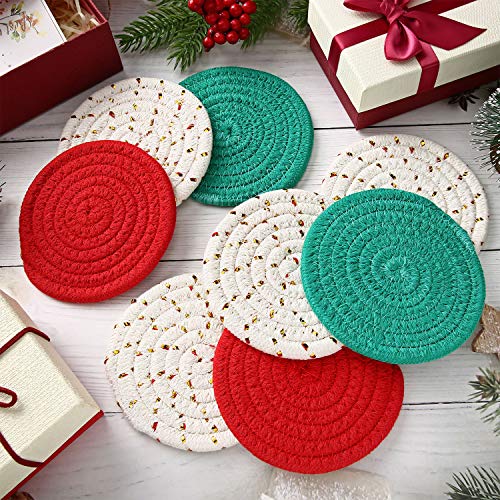 Christmas Coasters Set of 8 Handmade Cotton Woven Cup Pads - 4.3 Inches