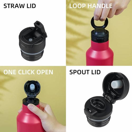 BJPKPK Insulated Water Bottle - 25oz Stainless Steel With Straw & Carry Handle | Charming Black Red
