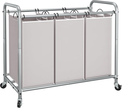Storage Maniac 3-Section Laundry Sorter - 35.6 Gal Hamper Cart with Lockable Wheels & Removable Bags | Gray