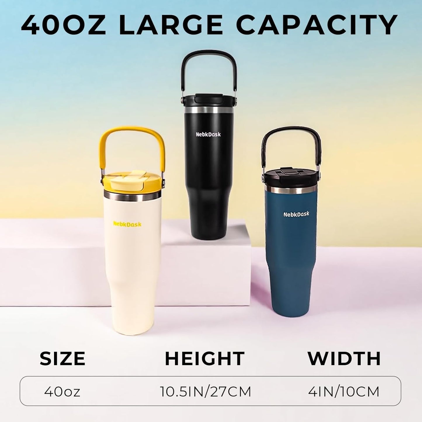 Skiennix 40 Oz Insulated Stainless Steel Water Bottle - 2-in-1 Straw & Spout Lid, Leak-Proof, Black