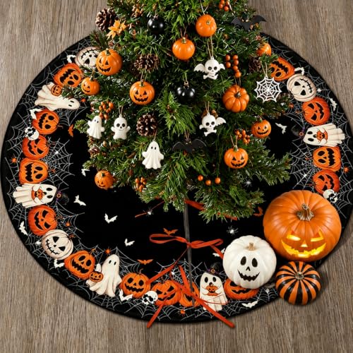 Halloween Tree Skirt 48 Inch Short Plush Pumpkin & Spider Web Design with Variation Black Pumpkin Face
