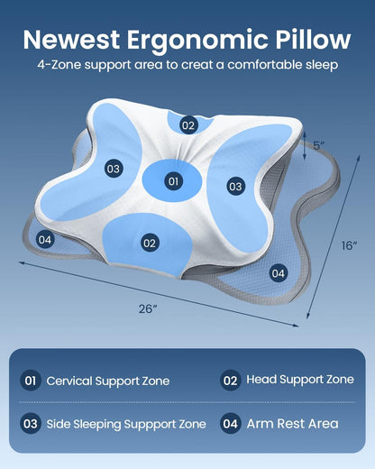 Skiennix Cervical Pillow - Ergonomic Memory Foam Contour Design for Neck Pain Relief | 4-Height Adjustable