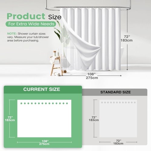 Dynamene Extra Wide Shower Curtain and Liner Set - 108 inch Wide Waffle Fabric, Waterproof Clear Liner, Heavy Duty Weighted Hotel Luxury Cloth Shower Curtains for Bathroom with 16 Hooks, 108x72, White