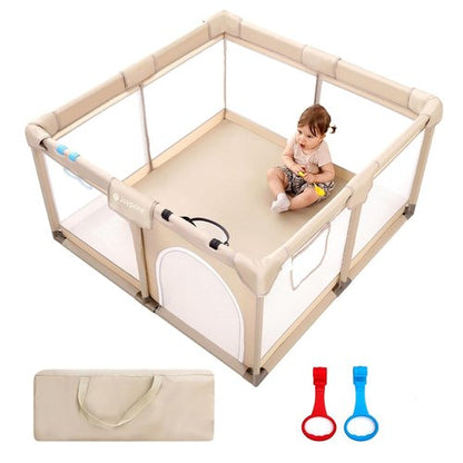 Joypony Baby Playpen - 50x50 Inch Indoor Play Yard with Gate & Soft Breathable Mesh (Beige)