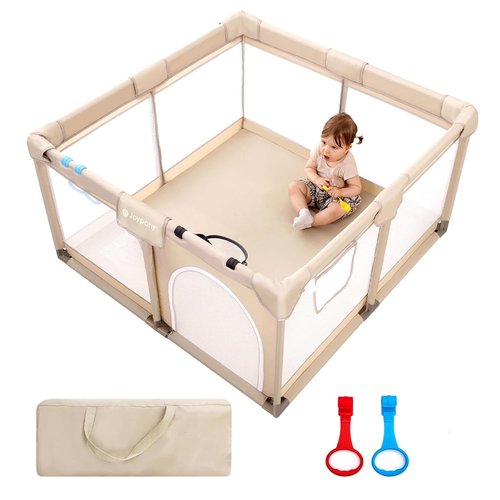 Joypony Baby Playpen - 50x50 Inch Indoor Play Yard with Gate & Soft Breathable Mesh (Beige)
