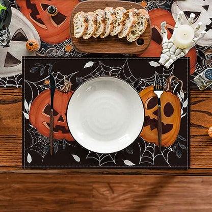 Halloween Black Pumpkins Spider Web Placemats Set of 6 12x18 Inch - Fall Holiday Decor