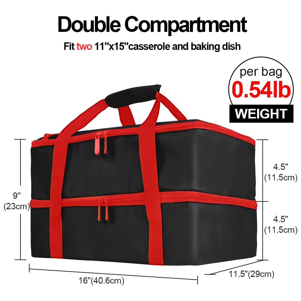 Bodaon 1Pk Insulated Casserole Carrier for Hot or Cold Food, Fits 9"x13" and 11"x15" Baking Dish with Lid, Insulated Food Carriers for Transport, Food Warmer Bags (Double Decker, Black-Red Edge)