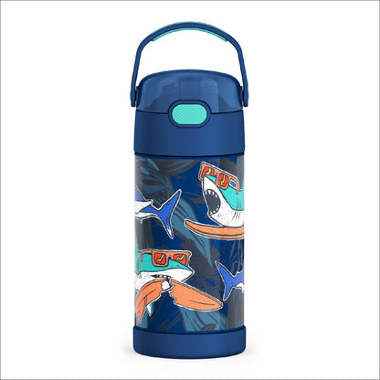 THERMOS FUNTAINER Water Bottle - 12 Ounce Kids Stainless Steel Insulated Bottle with Straw - Surfin Sharks