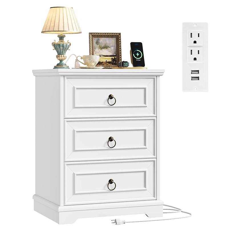 26" Tall Nightstand with Charging Station - White, 3 Drawers (Variation: White+1)