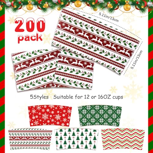 Cute Christmas Coffee Cup Sleeves 200 Pack Disposable Double Layer Covers for 12-16 oz Hot Cold Drinks