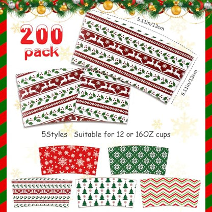 Cute Christmas Coffee Cup Sleeves 200 Pack Disposable Double Layer Covers for 12-16 oz Hot Cold Drinks