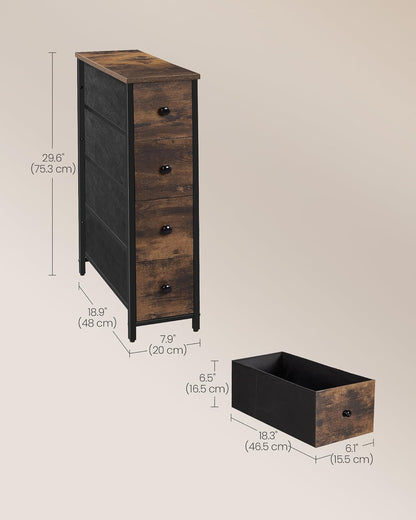 SONGMICS Dresser - Narrow Chest of Drawers for Bedroom Storage | 4-Drawer Steel Organizer in Rustic Brown & Ink Black