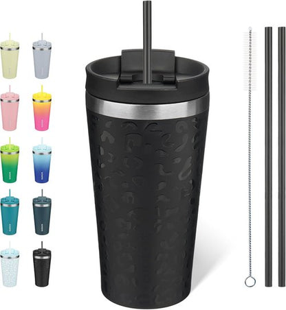 BJPKPK 18oz Insulated Tumbler - Stainless Steel Travel Coffee Mug with Lid & Straw | Black Leopard