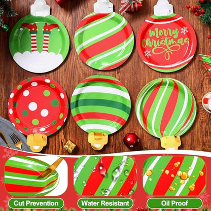 Christmas Disposable Plates Bulk Set - 120 Pcs 9 Inch Light Shaped Party Dinnerware with Variation Ornaments Ball
