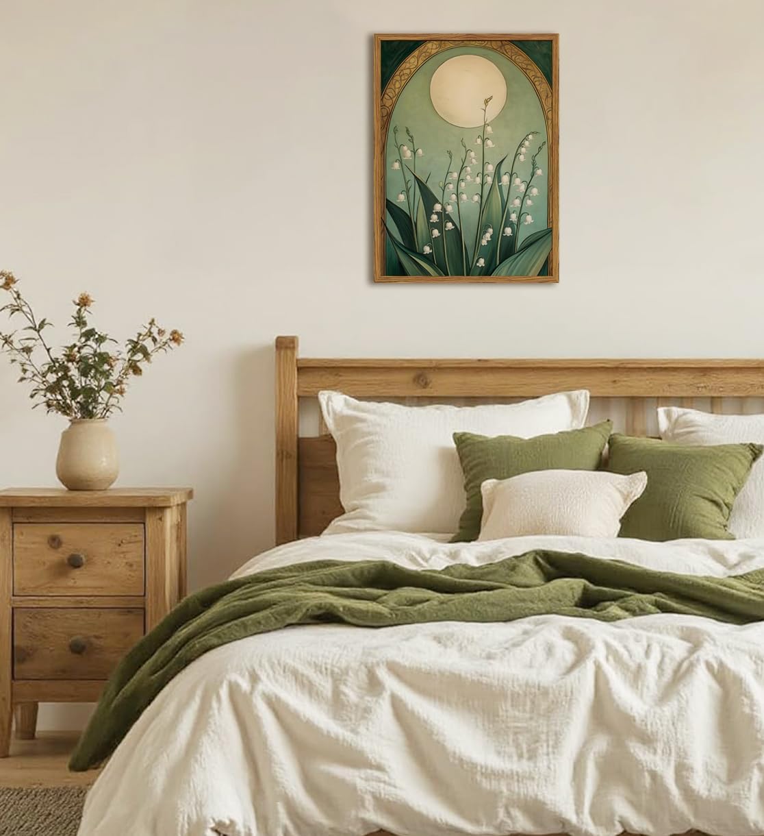 **Regine Switzerland Framed Vintage Lily of the Valley Wall Art - Moody Boho Floral Canvas Print 12x16in**
