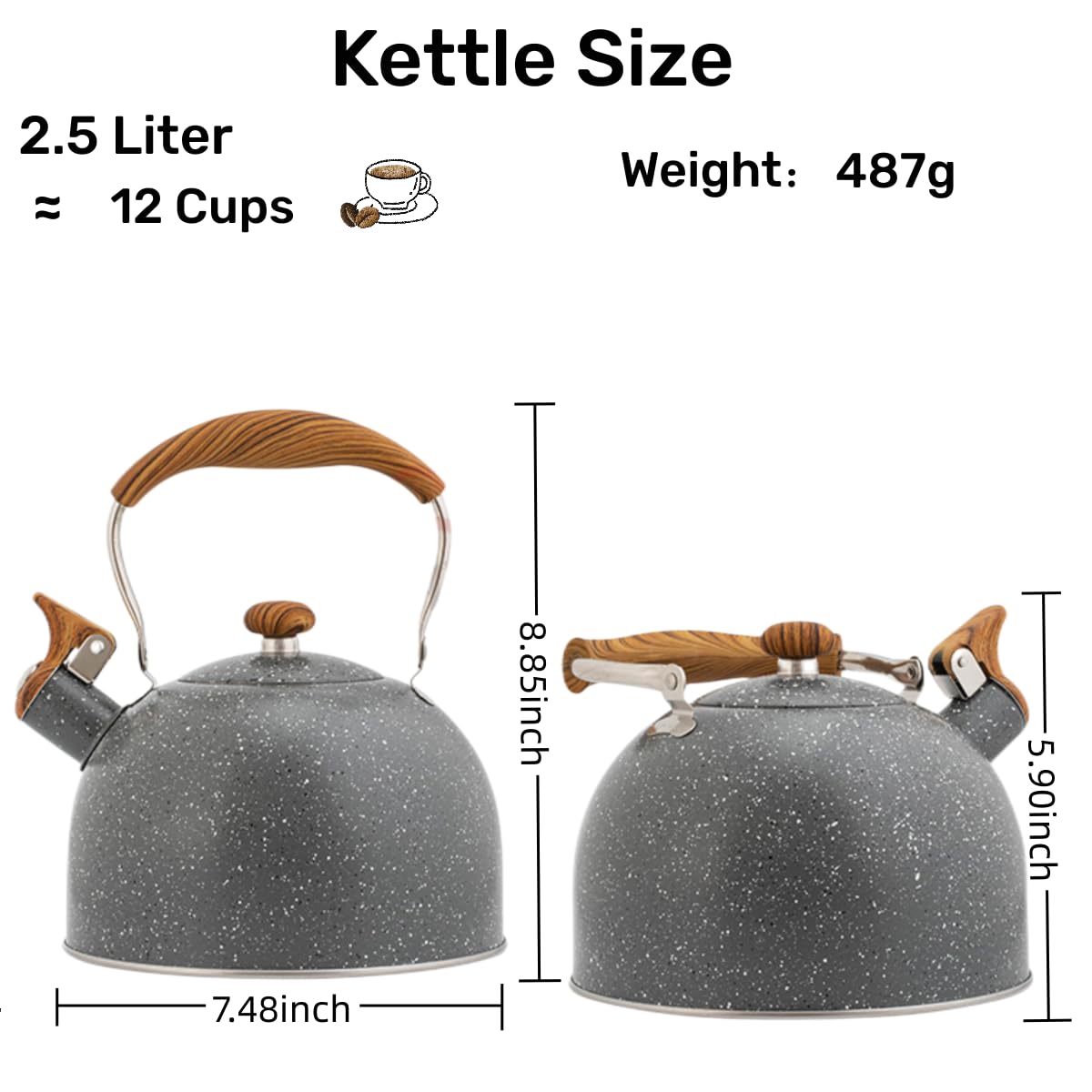 Tea Kettle, 2.6 Quart/2.5 Liter Whistling Tea Kettle, Tea Pots for Stove Top Food Grade Stainless Steel with Wood Pattern Folding Handle - Creamy White