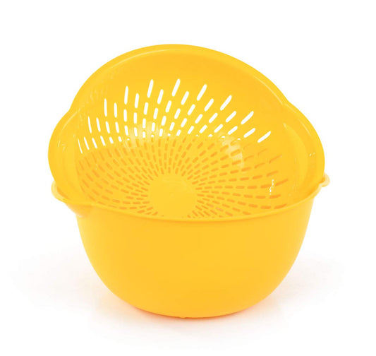 Mintra Home Mixing Bowl w/Colander (Large 4.5L, Yellow) - For Washing & Draining Fruits And Vegetables - Heavy Duty Plastic for Baking, Cooking Supplies - Dishwasher Safe