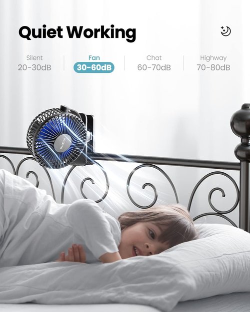 Gaiatop Portable Clip-On Fan - Battery Operated Mini Cooling Fan with 3 Speed Settings | USB Rechargeable, 360° Rotation, Ideal for Home, Office, and Camping - Black & Blue