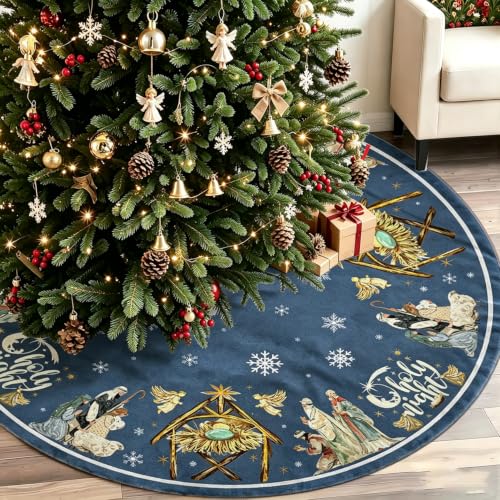 Nativity Christmas Tree Skirt 48 Inch - Traditional Christian Holiday Decor