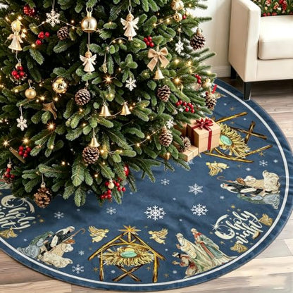 Nativity Christmas Tree Skirt 48 Inch - Traditional Christian Holiday Decor