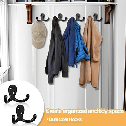 CBWLWJ Heavy-Duty Double Prong Coat Hooks - 10 Pack Wall-Mounted Metal Hooks for Home Use (Black)