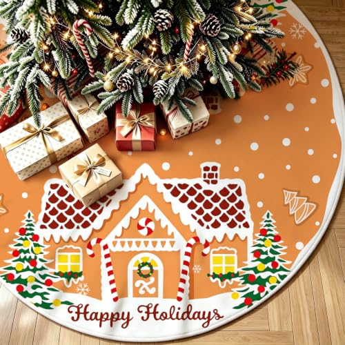 48 Inch Christmas Tree Skirt with Gingerbread House Design - Festive Holiday Decor