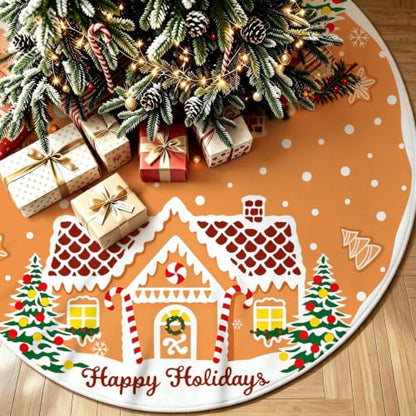 48 Inch Christmas Tree Skirt with Gingerbread House Design - Festive Holiday Decor