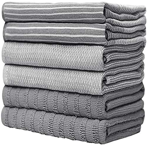 Premium Kitchen,Hand Towels (20”x 28”, 6 Pack) Large Cotton, Dish, Flat & Terry Towel Highly Absorbent Tea Towels Set with Hanging Loop Gray