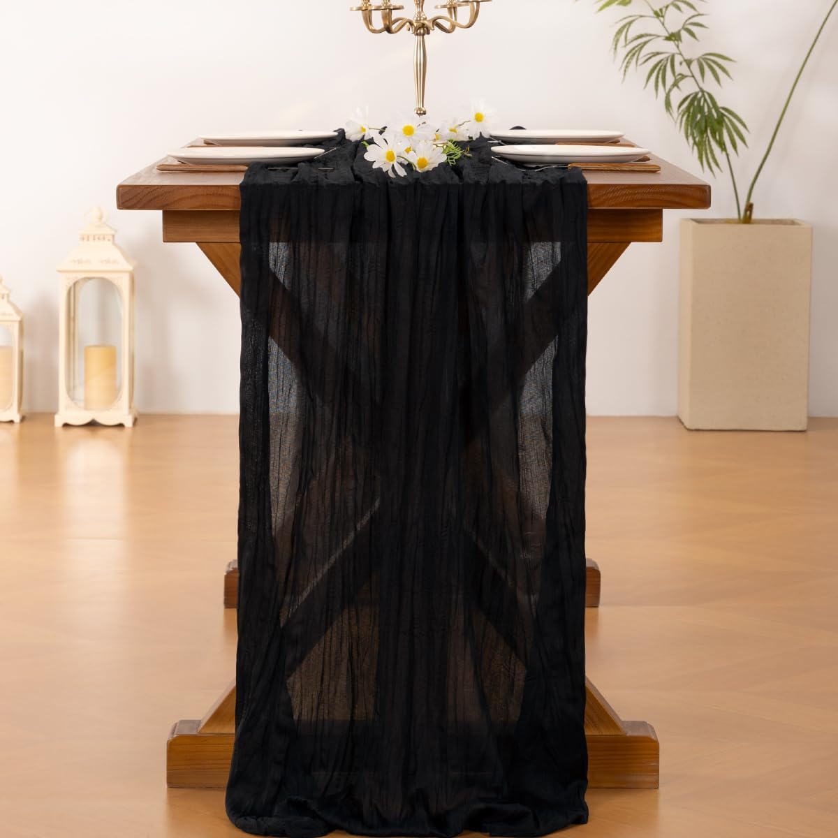 Socomi Cheesecloth Table Runner - 120 Inch Black Boho Rustic Design for Weddings & Events