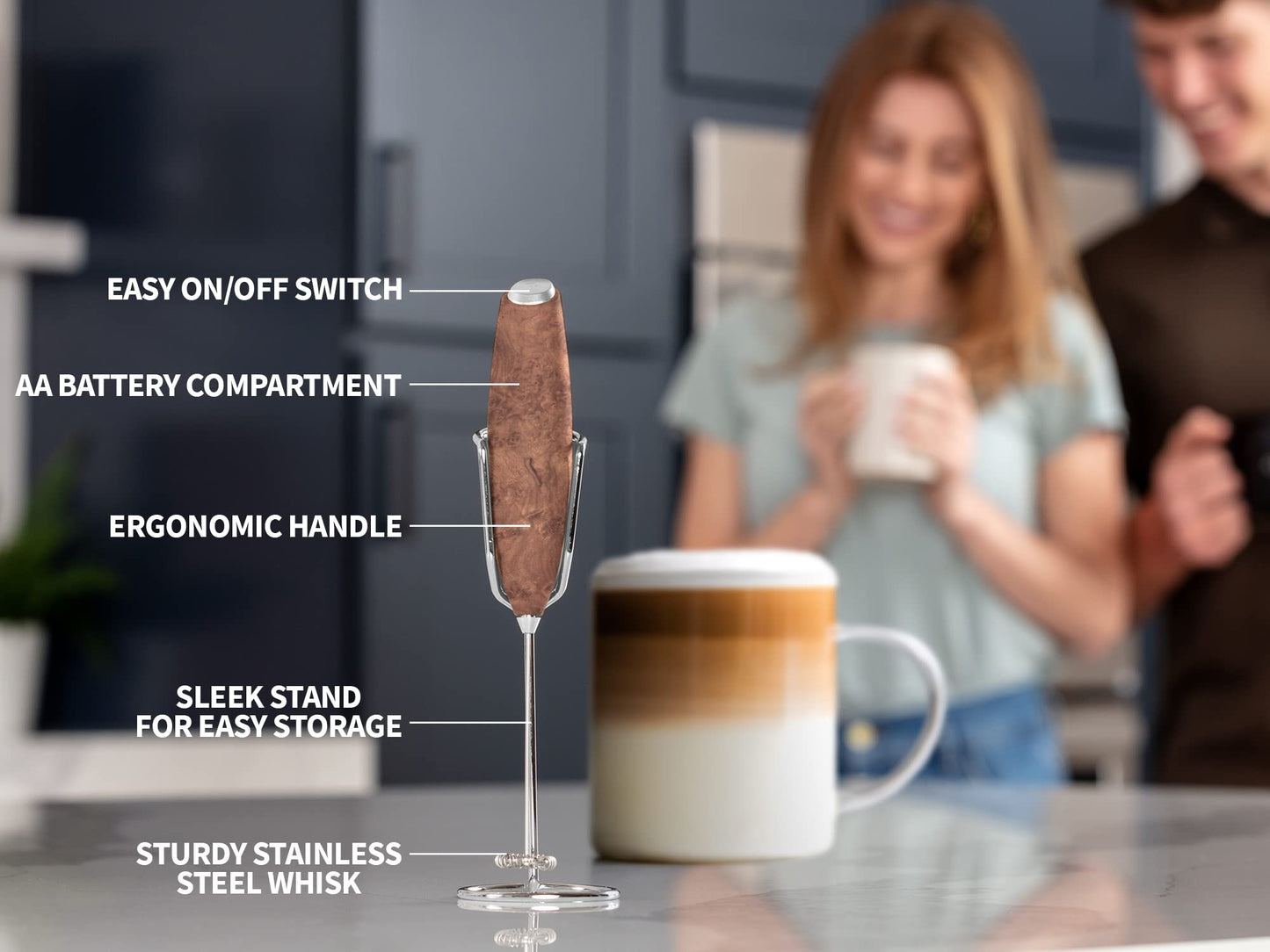 PRO MILK FROTHER WAND - ULTRA HIGH SPEED HANDHELD FROTHER - UPGRADED STAND - Powerful Handheld Mixer with Infinite Uses - Super Instant Electric Foam Maker with Stainless Steel Whisk (Walnut)