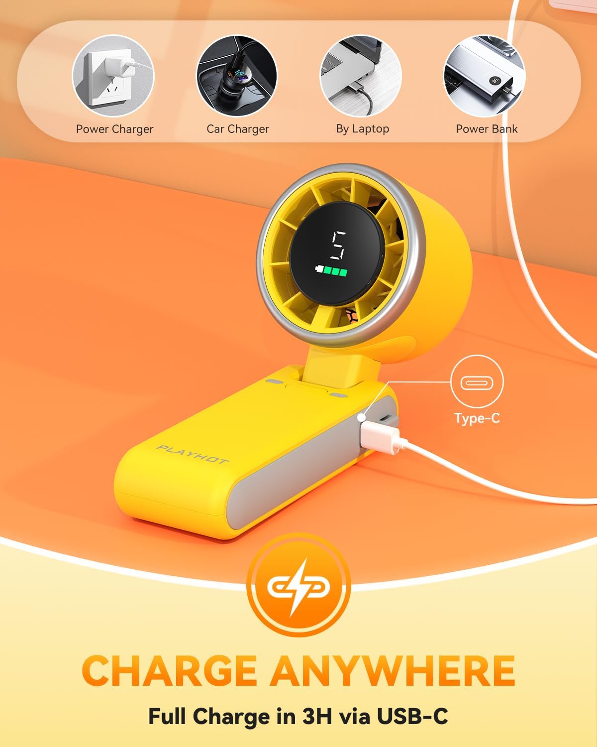 PlayHot Portable Handheld Turbo Fan - 5-Speed Rechargeable 5000mAh Battery | Lightweight 3-in-1 Design (Yellow)