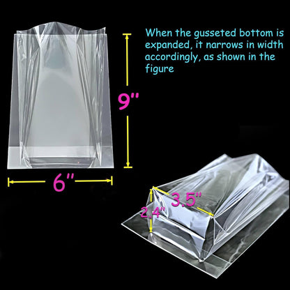 PigPotParty Cellophane Treat Bags 6x9 Inch, 50 Pack Clear Goodie Bags with Bottom Gusset for Stand-Up Display, Small Plastic Gift Wrap for Cookies, Candy, Party Favors, Popcorn, Includes 50 Gold Ties