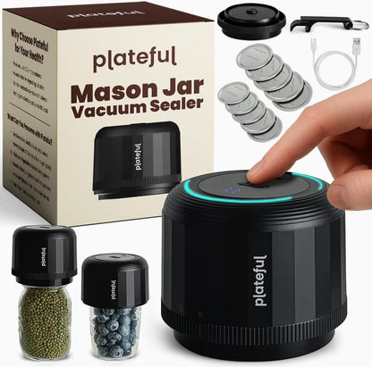 Plateful Electric Mason Jar Vacuum Sealer Kit - Portable Food Storage Solution for Wide & Regular Mouth Jars | Includes Lids & Charger