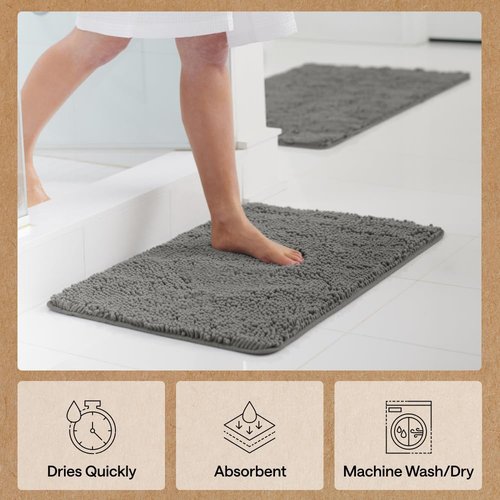 GORILLA GRIP Bath Rug Mat 42x24, Thick Soft Absorbent Chenille, Quick Dry Microfiber Mats, Rubber Backing Washable Shower Floor Rugs, Bathmat Runner, US Designed Bathroom Home Decor Charcoal