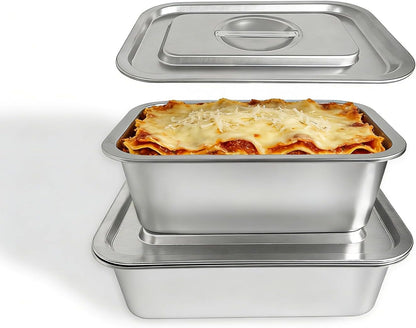 Stainless Steel Baking Pan Set by [Brand Name] - 2-Piece Lasagna & Roasting Pans with Lids | 4-Inch Deep, 7.4 QT & 5.1 QT