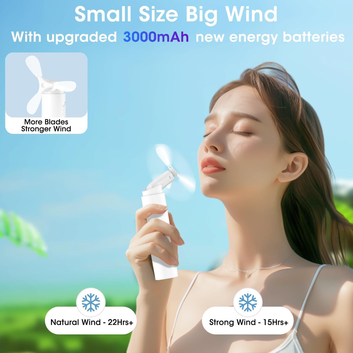 OLV Handheld Mini Fan - Portable Rechargeable 3000mAh Battery | 22+ Hours Runtime - White