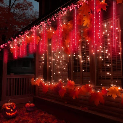 Aukora Red LED Halloween Lights - 8 Tube Snow Falling Rain Icicle String Lights for Outdoor Decor