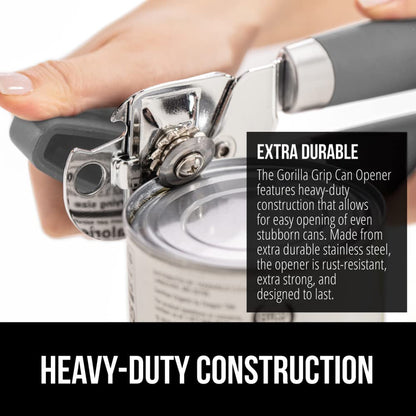 The Original Gorilla Grip Heavy Duty Stainless Steel Smooth Edge Manual Hand Held Can Opener With Soft Touch Handle, Rust Proof Oversized Handheld Easy Turn Knob, Large Lid Openers, Gray